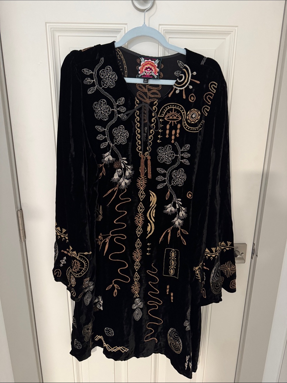 Johnny Was Black Velvet Tunic Dress with Gold & Silver Embroidery